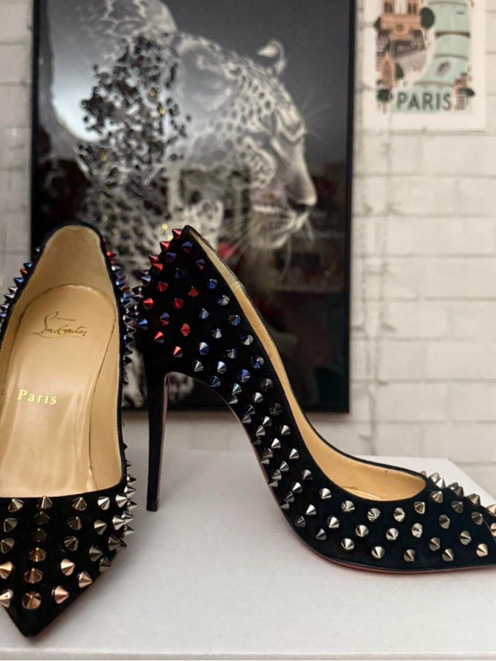 Christian Louboutin Black Suede Multi-Colored Pigalle Spike Red Sole Pumps - Picture 3 of 7